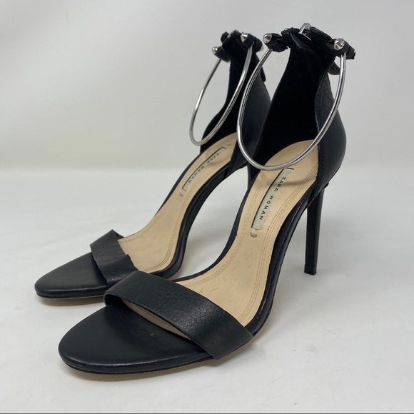 Zara Woman Abierto Tac Black Leather Heels Silver Metal Ankle Ring Strap Size 37 - Picture 1 of 7